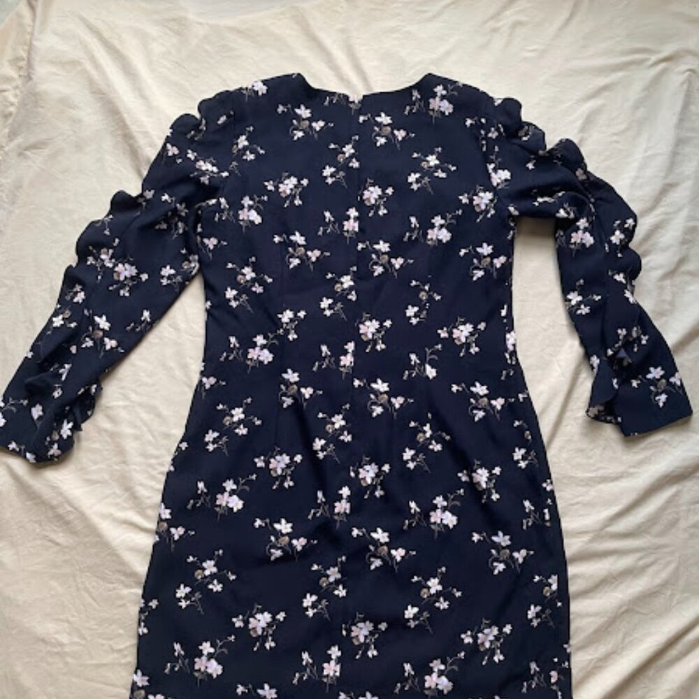 Club Monaco | Floral Ruffle-Sleeve Mini Dress | Navy Multi | Size 10 - Picture 2 of 3
